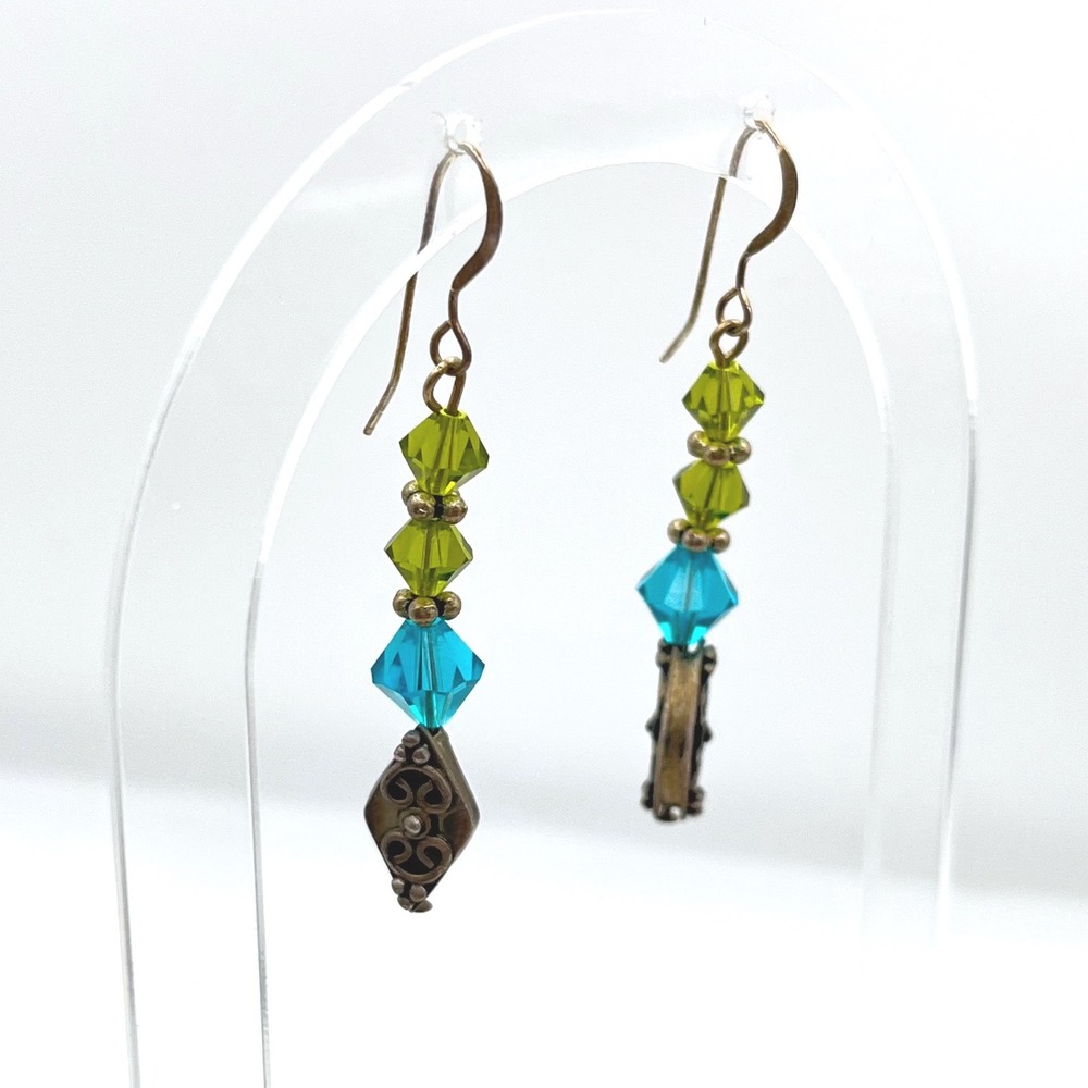 Sterling Silver 925 Hook Blue Green Crystal Filigree Dangle Earrings Bohemian
